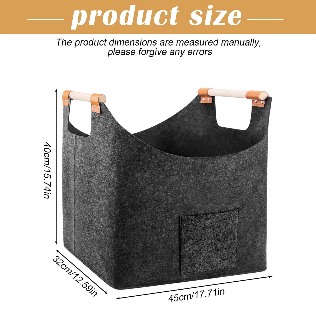 Panier à bois de chauffage en feutre pliable avec poignée en bois renforcé, panier de rangement pour bois de cheminée, courses, journaux (gris)