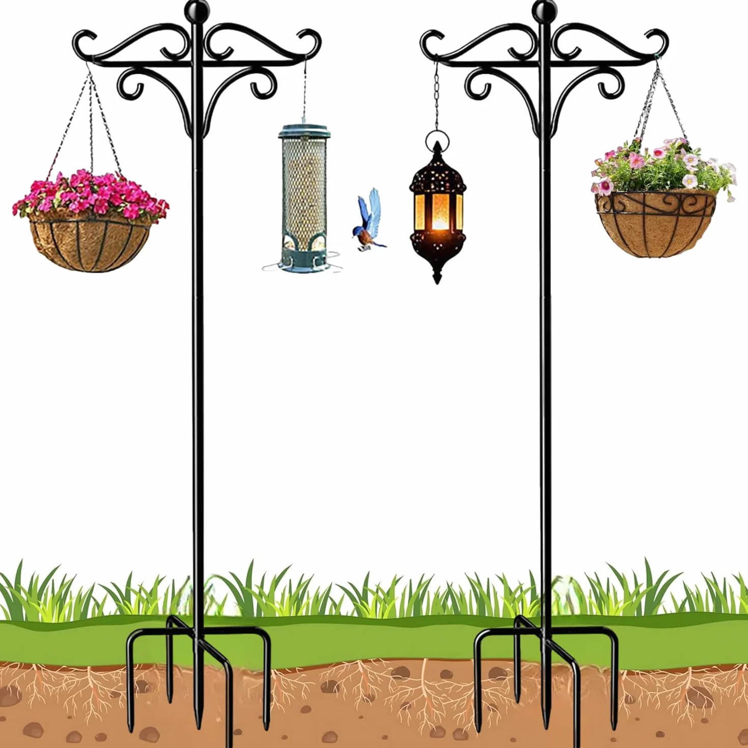 Crochets De Berger Pour Jardin,double houlette de Shepherd Hooks de 193cm poteaux et cintres pour mangeoires à oiseaux sauvages,mangeoires autoportantes(2PCS 76in/193cm)