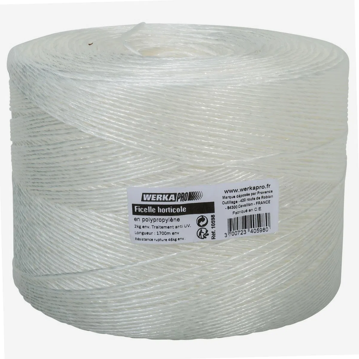WERKA PRO Ficelle Horticole Blanche Bobine de 1700m - Polypropylène - Résistance 46kg - Traitement Anti-UV - Résistante aux Intempéries - Idéale pour Jardinage et Tuteurage - Code EAN 3700723405980