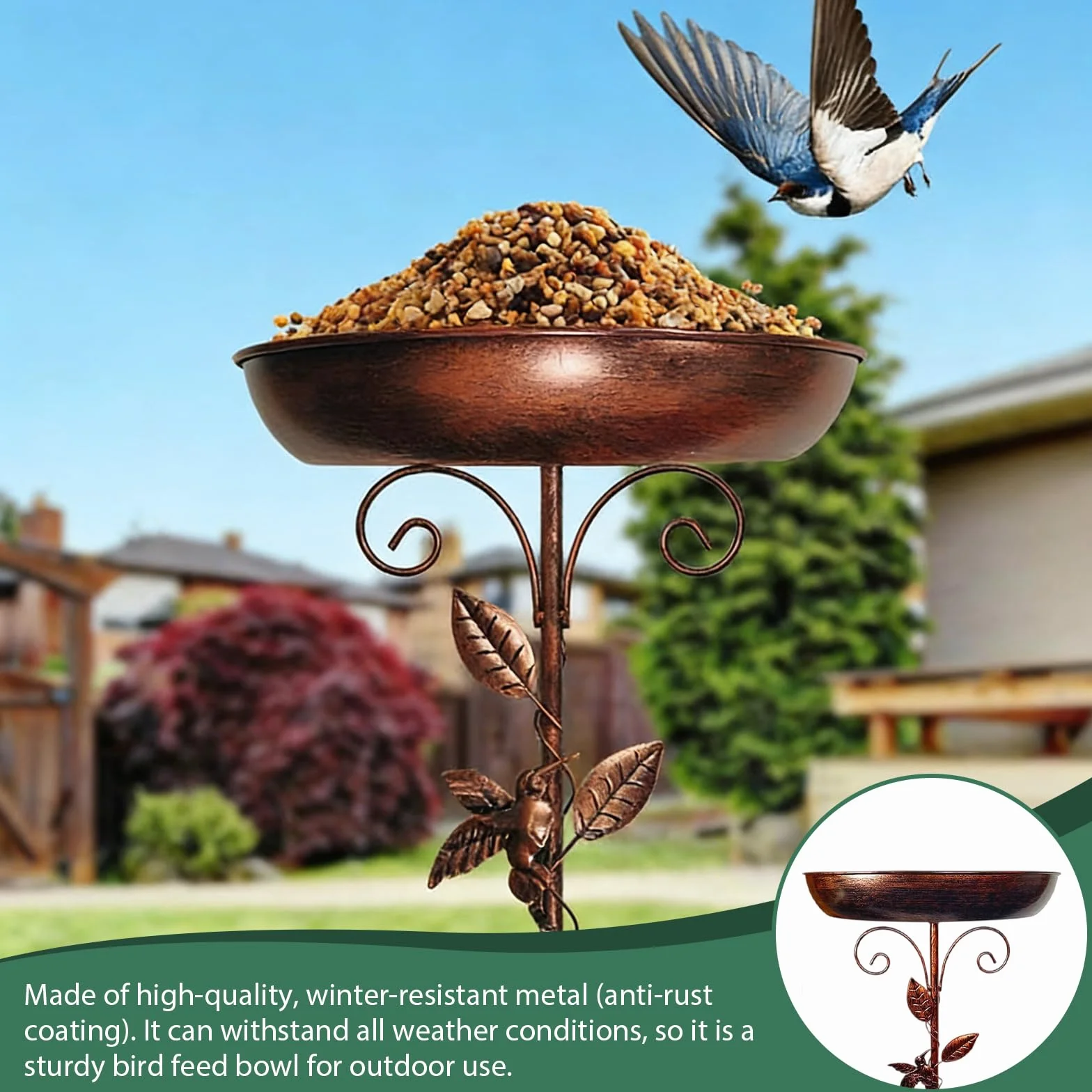 Bain d'oiseaux debout pour oiseaux - Bain d'oiseaux pour le jardin - Bain d'oiseaux avec oiseau et feuille - Base améliorée à 5 dents - En métal - Pour terrasse, cour, décoration de pelouse