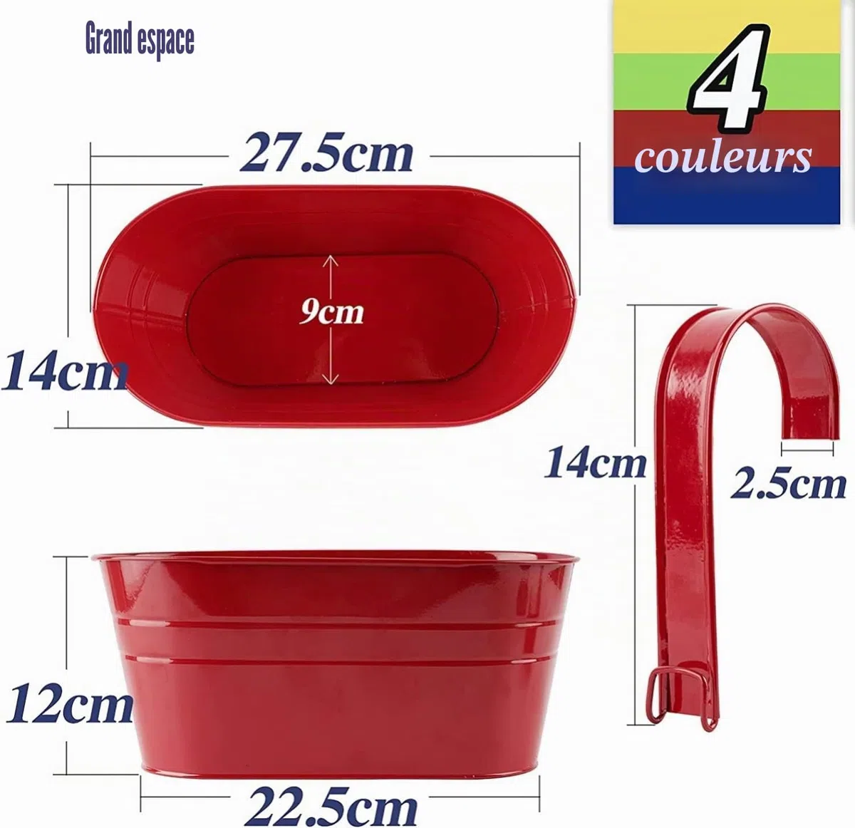 KAHEIGN 4 Pièces Métal Pots de Fleurs Suspendus, 27,5CM Grands Pots deFleurs Seau à Fleurs Suspendu avec Crochet Amovible pour Balcon Clôture Jardin Maison Décor (4 Couleurs)