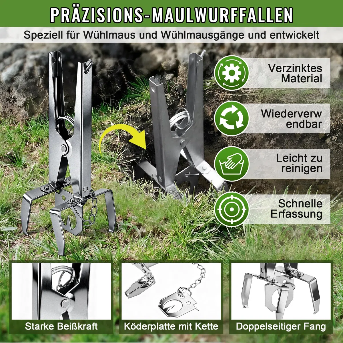 Enhon Piège à campagnols 5 pièces avec chaîne - Pointu et réutilisable - Piège à campagnols à Clips - Capture Double Face | Piège à campagnols Efficace pour Jardin et pelouse