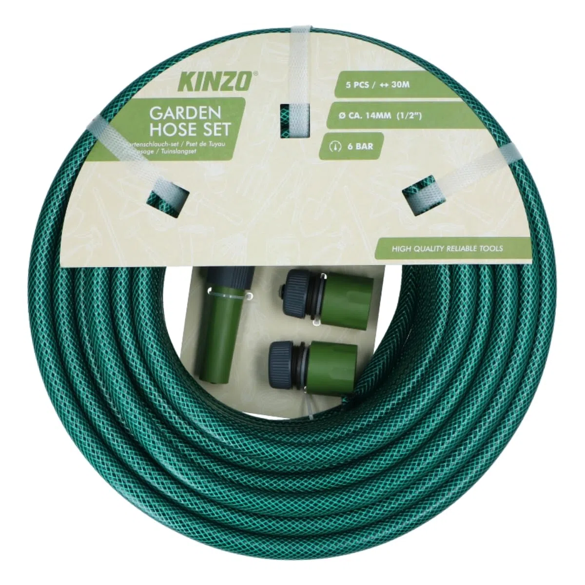 Kinzo Kit tuyau d'arrosage de 30 m – Tuyau d'arrosage 14 mm (1/2") max. 6 bar – Avec 3 raccords et 1 pièce de pulvérisation – Convient pour arroseurs de jardin – Vert