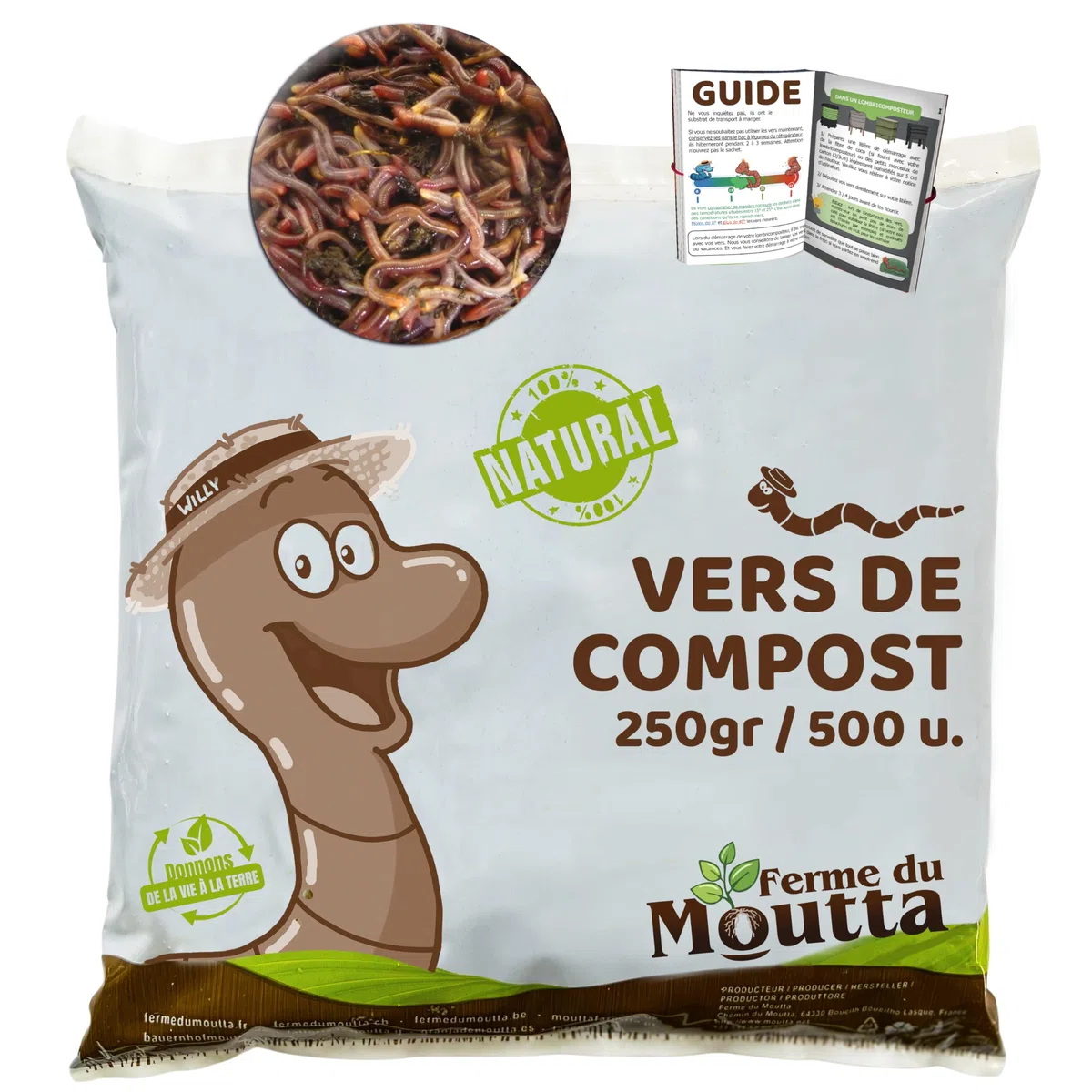 Moutta | 250 gr de Vers de Compost (≃ 500 pcs) | Vers de terre vivants Eisenia, compostez vos déchets organiques - Pour lombricomposteur/composteur/jardin