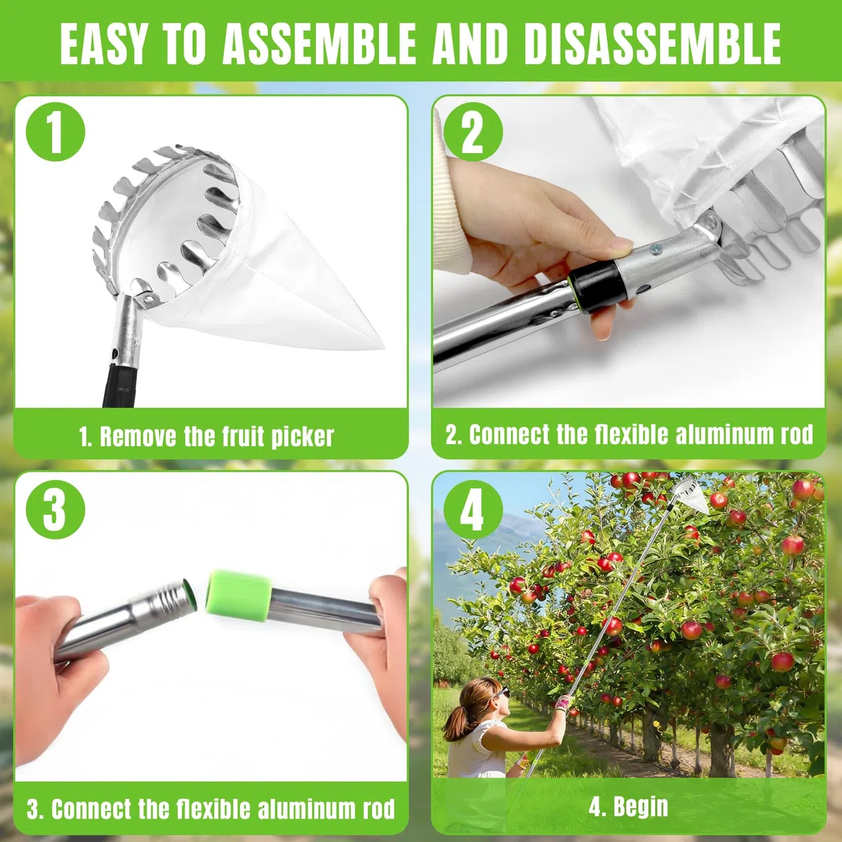 Cueille Fruit Telescopique, Cueille Fruit Avec Manche Télescopique 3.8m, Cueille-Fruits En Acier Inoxydable Avec Sac En Coton, Poteau Réglable Cueille Fruit Pour Pommes Poires Oranges Pêches