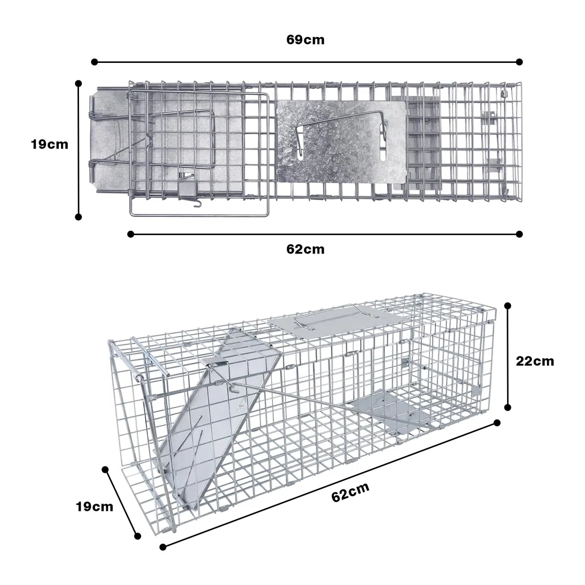 Piège de Capture Animaux 62x19x22 cm - Cage Trappe Pliable en Fil de Fer Galvanisé avec Poignée Piège - pour Ratons Laveurs, Martres et Chats - Installation Facile et sans Danger pour Animaux