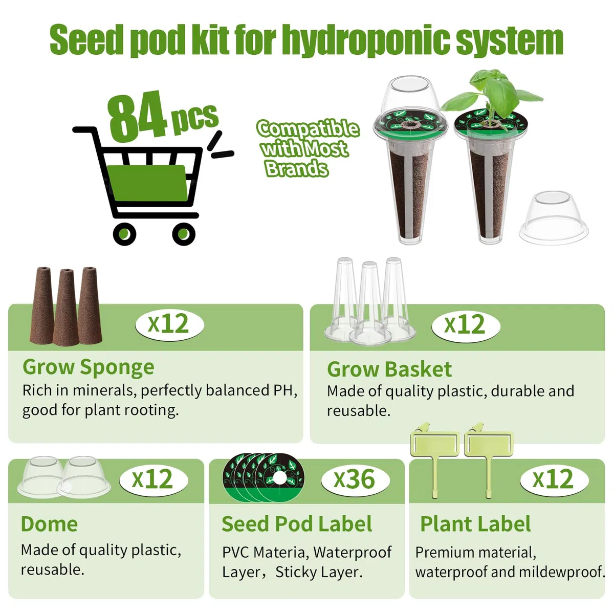 Kit de 84 capsules hydroponiques avec 12 paniers de culture, 12 éponges de culture, 12 dômes de culture, 12 étiquettes de plantes et 36 étiquettes autocollantes pour la plupart des systèmes de