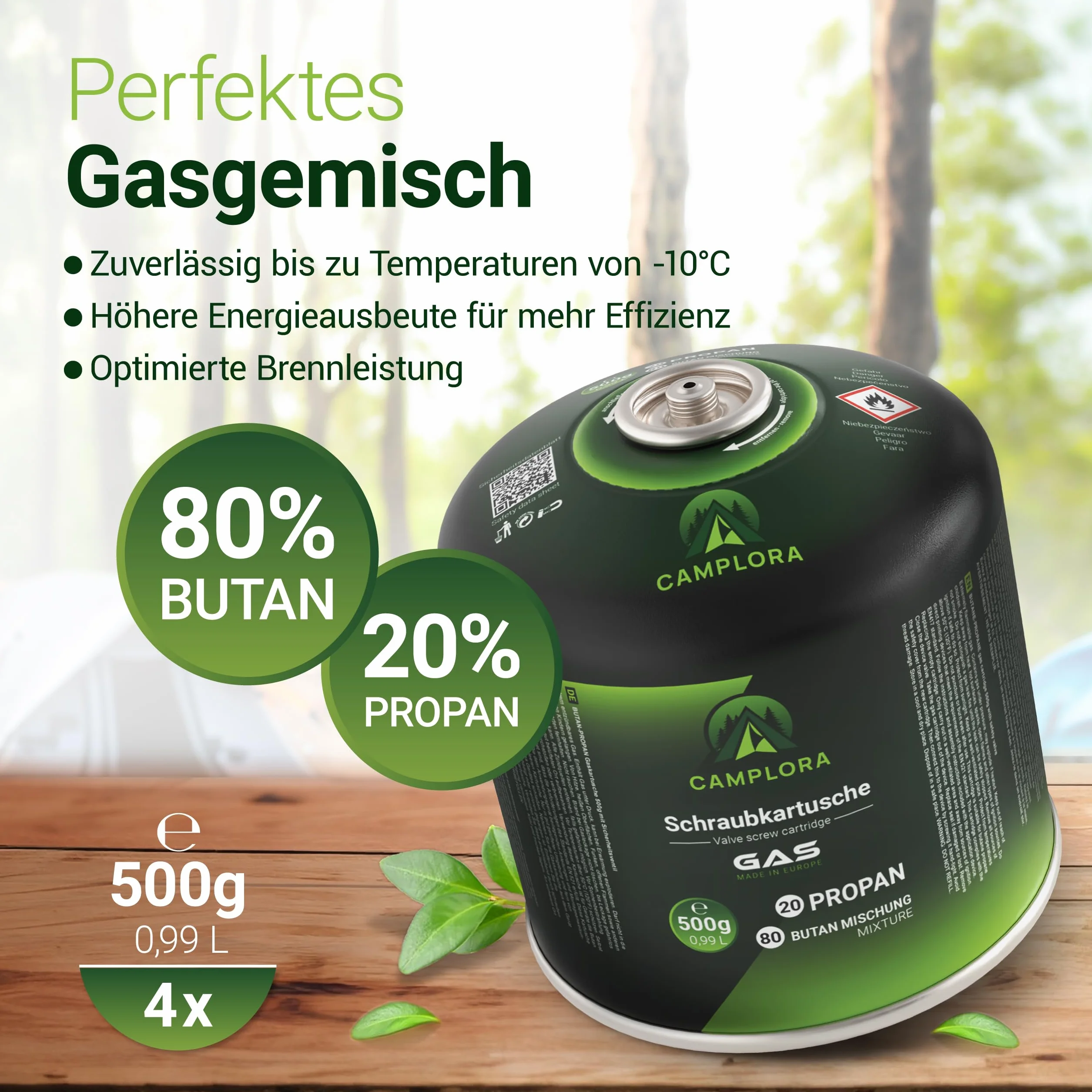 CAMPLORA Lot de 4 cartouches de gaz de 500 g avec valve à vis, propane et butane - Cartouche de gaz à visser avec filetage pour réchaud de camping et barbecue EN417 - Cartouches de gaz à visser