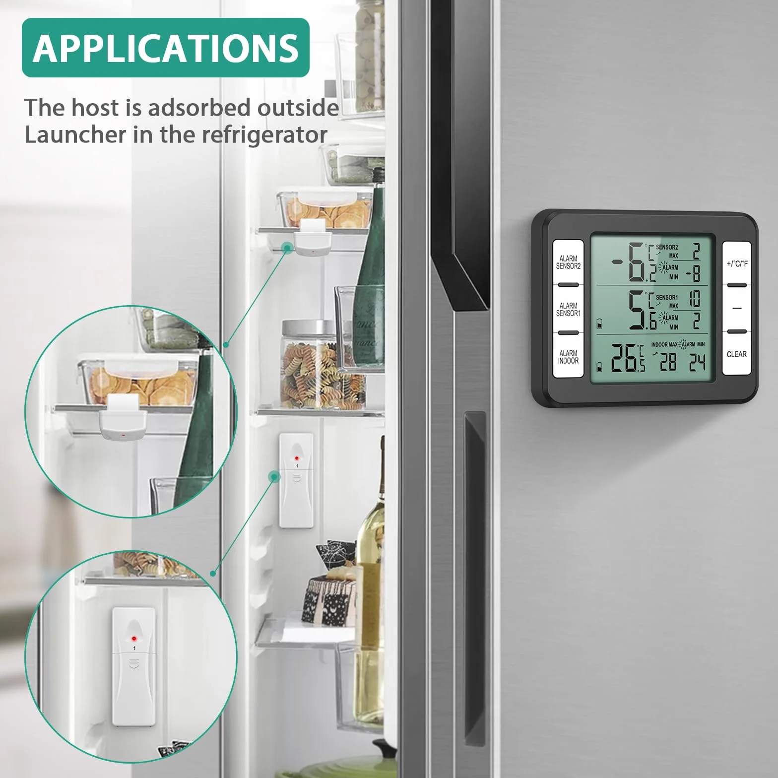 ORIA Thermomètre de Réfrigérateur, Thermomètre de Frigo Congelateur sans Fil avec 2 Capteurs, Alarme Sonore, Min/Max, Thermometre In/Extérieur pour Maison Cuisine Restaurant Bars Café - Noir