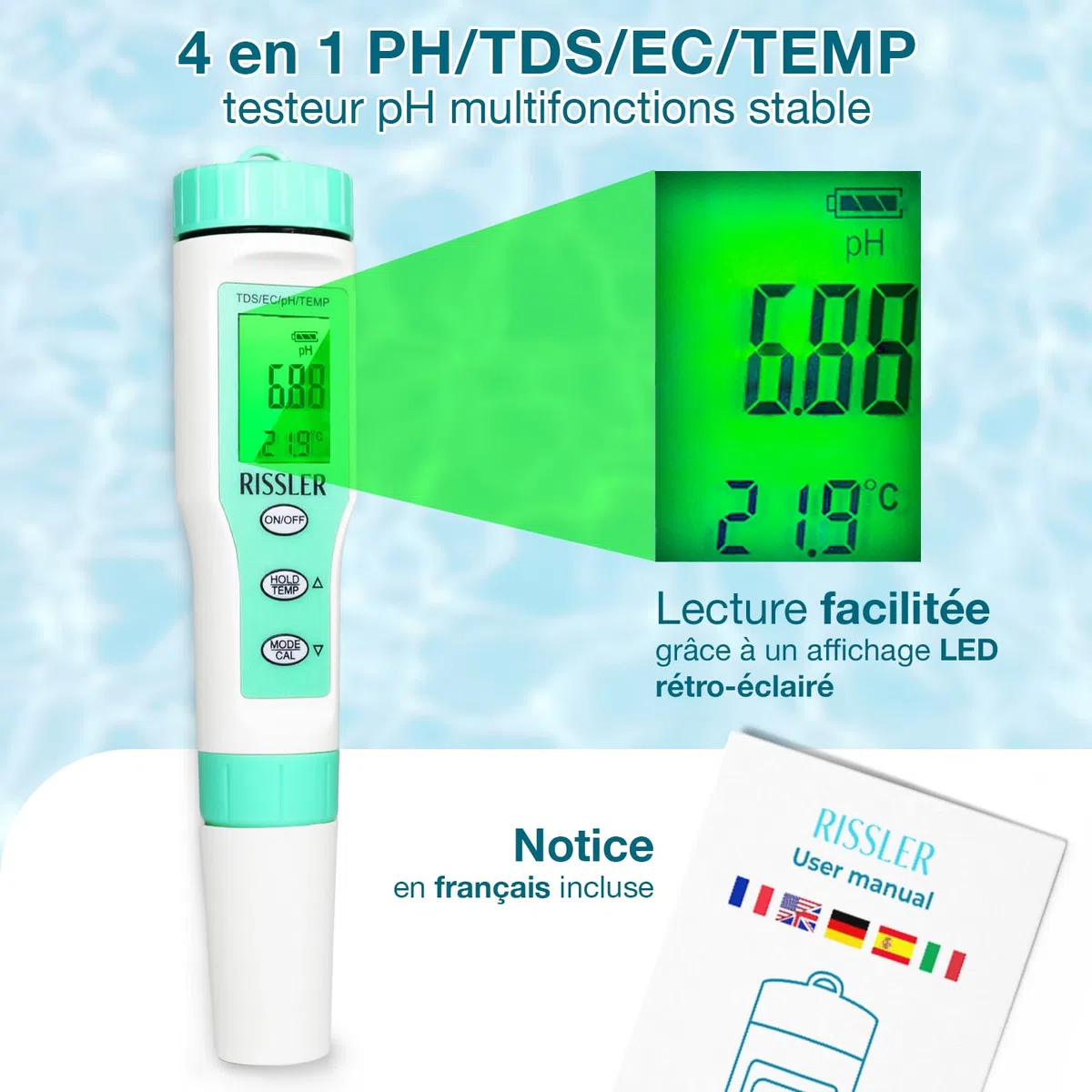 Rissler Testeur pH Piscine 4-en-1 - pH Mètre Électronique Haute Précision pour Mesure pH,TDS,EC,Température, Analyseur Eau Potable, Test Digital Idéal pour Piscine, Hydroponie et Aquarium