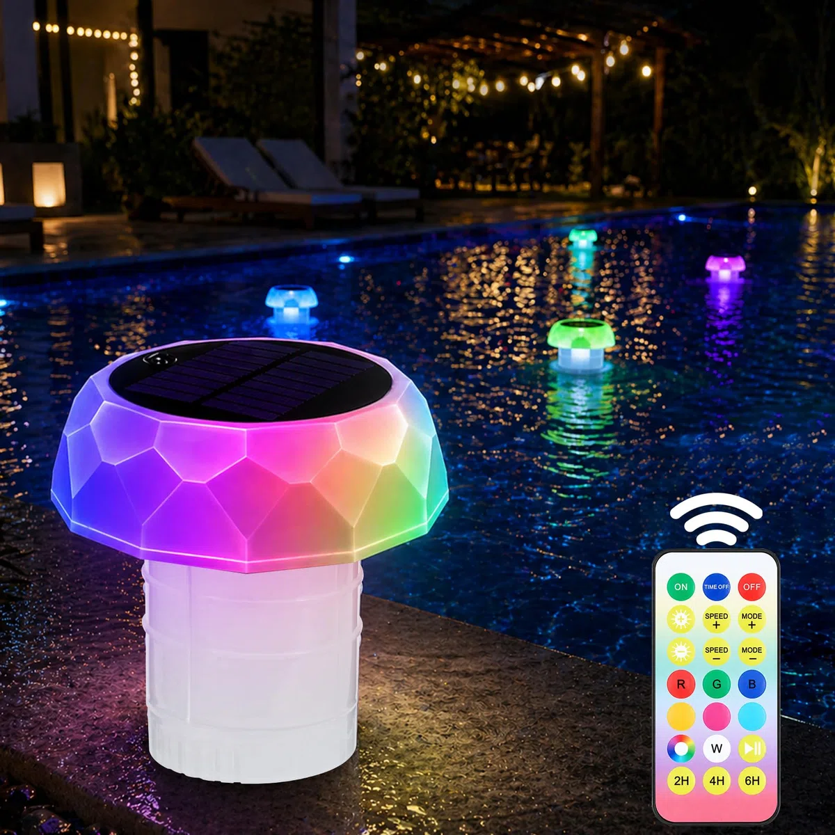 Éclairage Solaire Flottant pour Piscine avec Distributeur de Chlore, IP68 étanche, 7 Modes Lumineux, télécommande, minuterie. Lampe Flottante pour Bassin, Spa, Bain à remous, fête