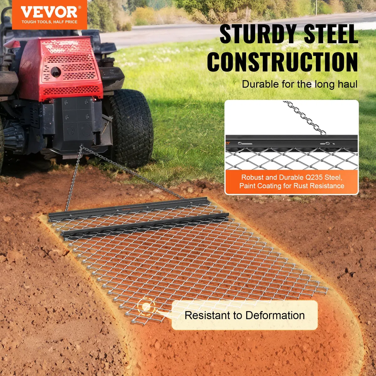 VEVOR Herse Traînée à Chaîne 1550x1235 mm Niveleur d'Allée Acier Q235 Tapis de Traînage Nivellement de Paysage, Préparation de Gazon, Remorquable pour Tracteur, VTT, UTV, Allée Gravier, Ferme, Champ