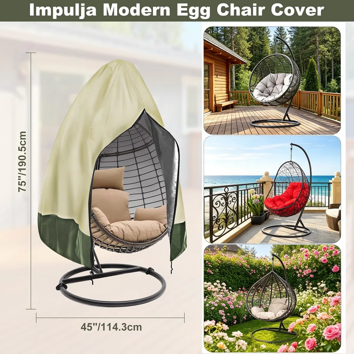 Housse de chaise en forme d'œuf avec fermeture éclair, résistante aux UV, résistante aux UV, housse de chaise en osier coupe-vent pour balancelle de terrasse, housse imperméable pour chaise à