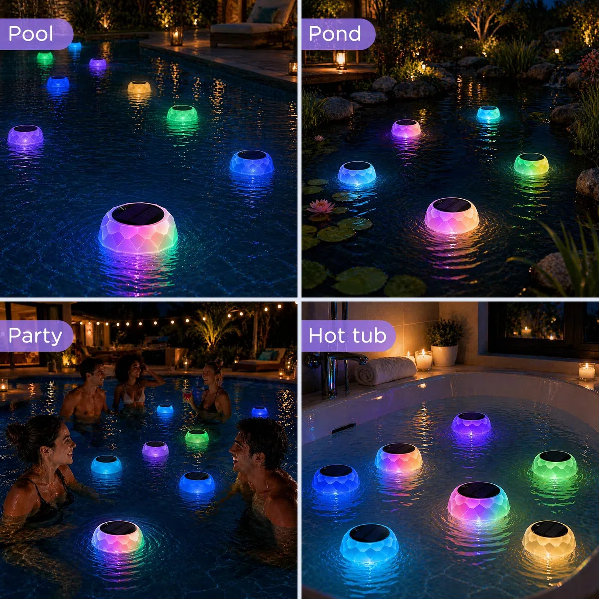 Éclairage Solaire Flottant pour Piscine avec Distributeur de Chlore, IP68 étanche, 7 Modes Lumineux, télécommande, minuterie. Lampe Flottante pour Bassin, Spa, Bain à remous, fête