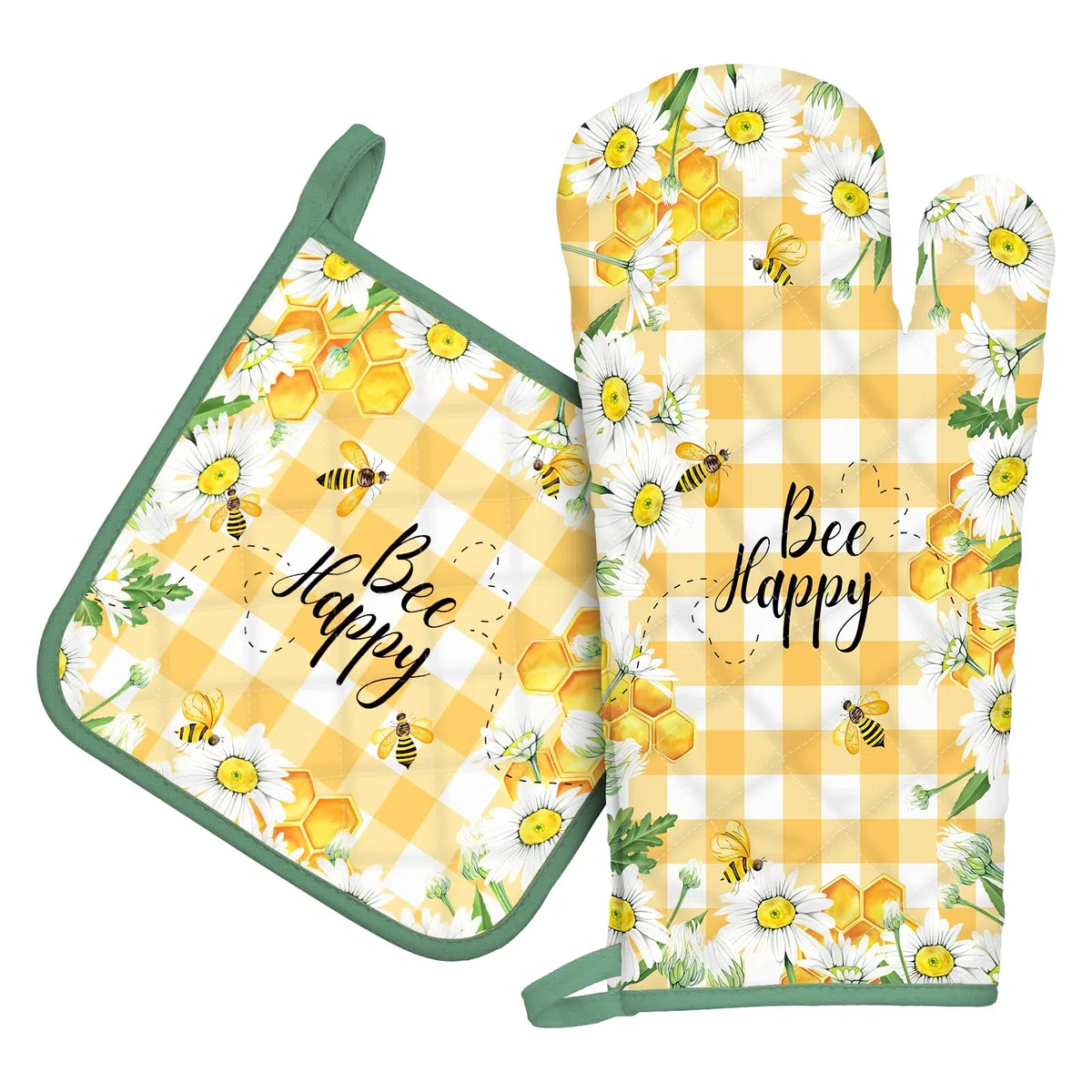 Gants De Four & Maniques Lot De 2, 100% Coton Maniques Cuisine Gant Four Anti Chaleur Extra-Longue pour Barbecue, Cuisine, Griller, Micro-Ondes(Marguerite Abeille)