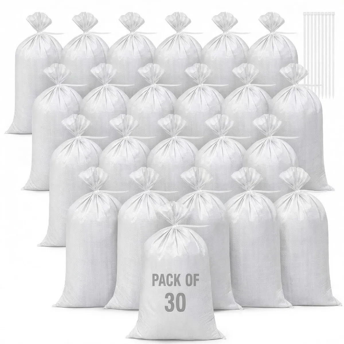 30 Sacs de Sable Anti-Inondation 46 x 70 cm Sac de Gravier Tissé Résistant Sacs à Déchets et 30 Cravates pour Stockage de Déchets de Jardin (Blanc)