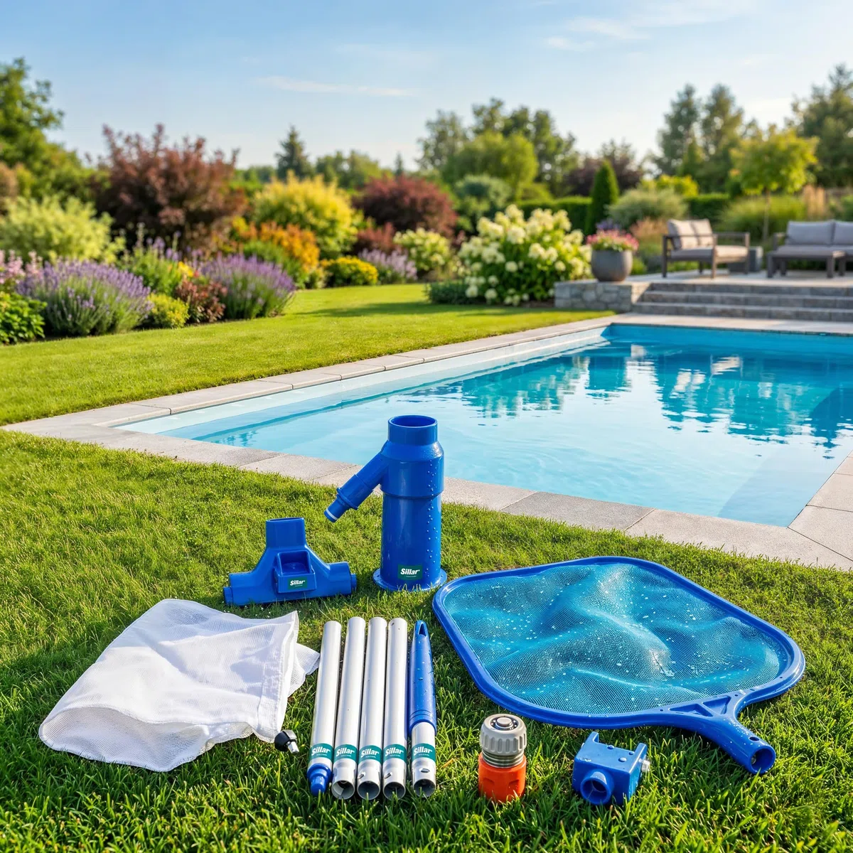 Sillar Kit de Nettoyage pour Piscine, Aspirateur de Fond de Piscine + épuisette à Feuilles avec Manche Télescopique | Kit pour Piscine, Jacuzzi, Spa