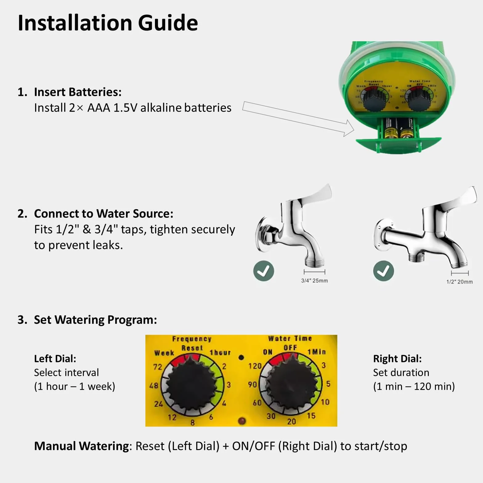 Programmateur d'Arrosage Automatique - Certifié CE, Couvercle Étanche IPX5 pour Jardin et Balcon, Installation sans Outil, Anti-Fuite, Idéal Vacances, Nécessite 2X Piles AA Alcalines
