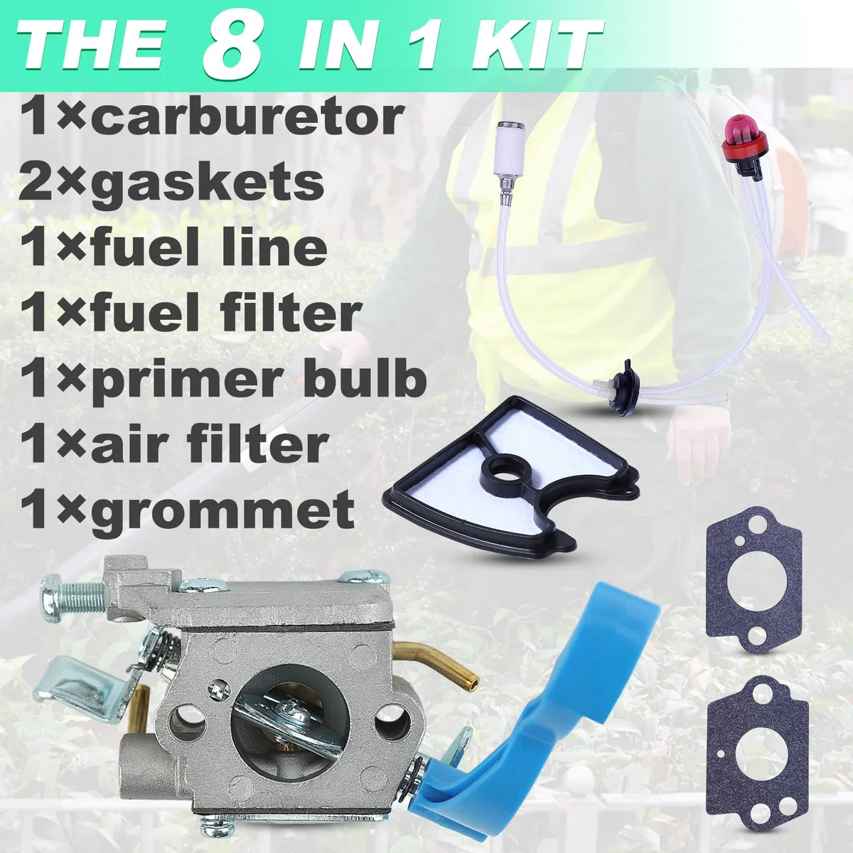 Kit Carburateur pour Husqvarna 125B 125BX 125BVX Souffleur de Feuilles, ADEFOL Carburateur + Joints + Conduite + Filtre Carburant + Poire d'amorçage + Filtre Air + Passe-Câble Ensemble 8 en 1