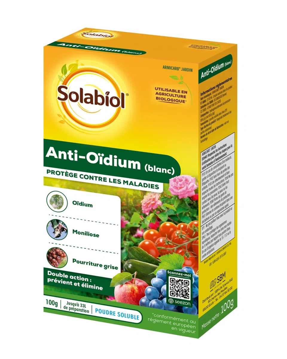 SOLABIOL Anti-Oïdium Blanc - 33L de Solution - 100g | Action Préventive & Curative - Efficace sur Oïdium & Tavelure - Utilisable en Agriculture Biologique - SOARMI100