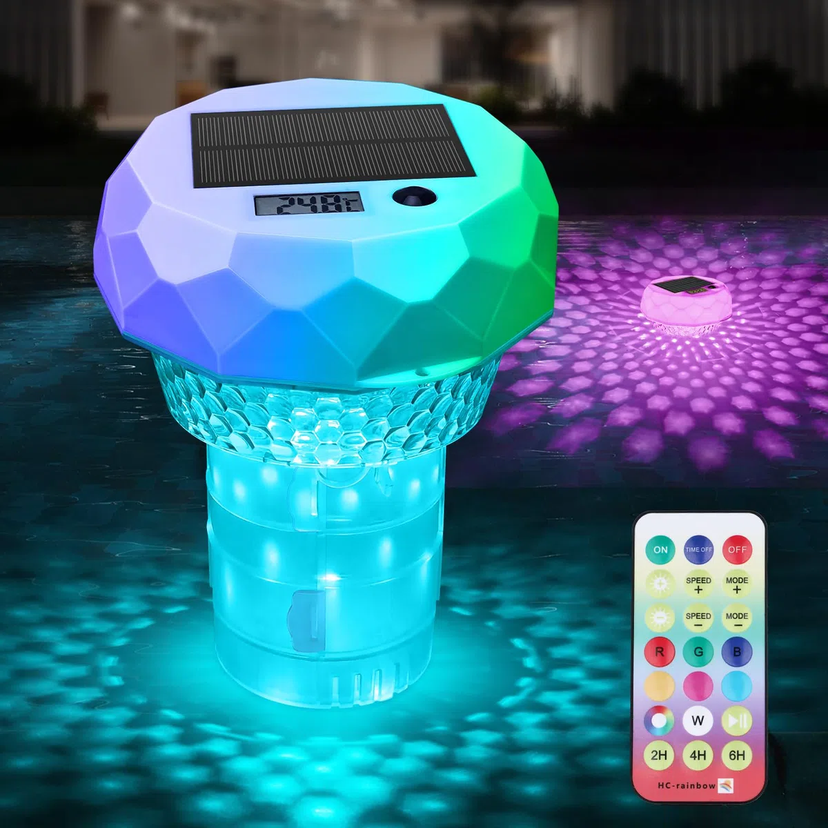 Qoolife Dosieur de Chlore Flottant avec thermomètre et lumière Solaire, pour étang, Bassin, Spa et Bain à remous, Compatible avec 1" et 3", avec télécommande et réglage