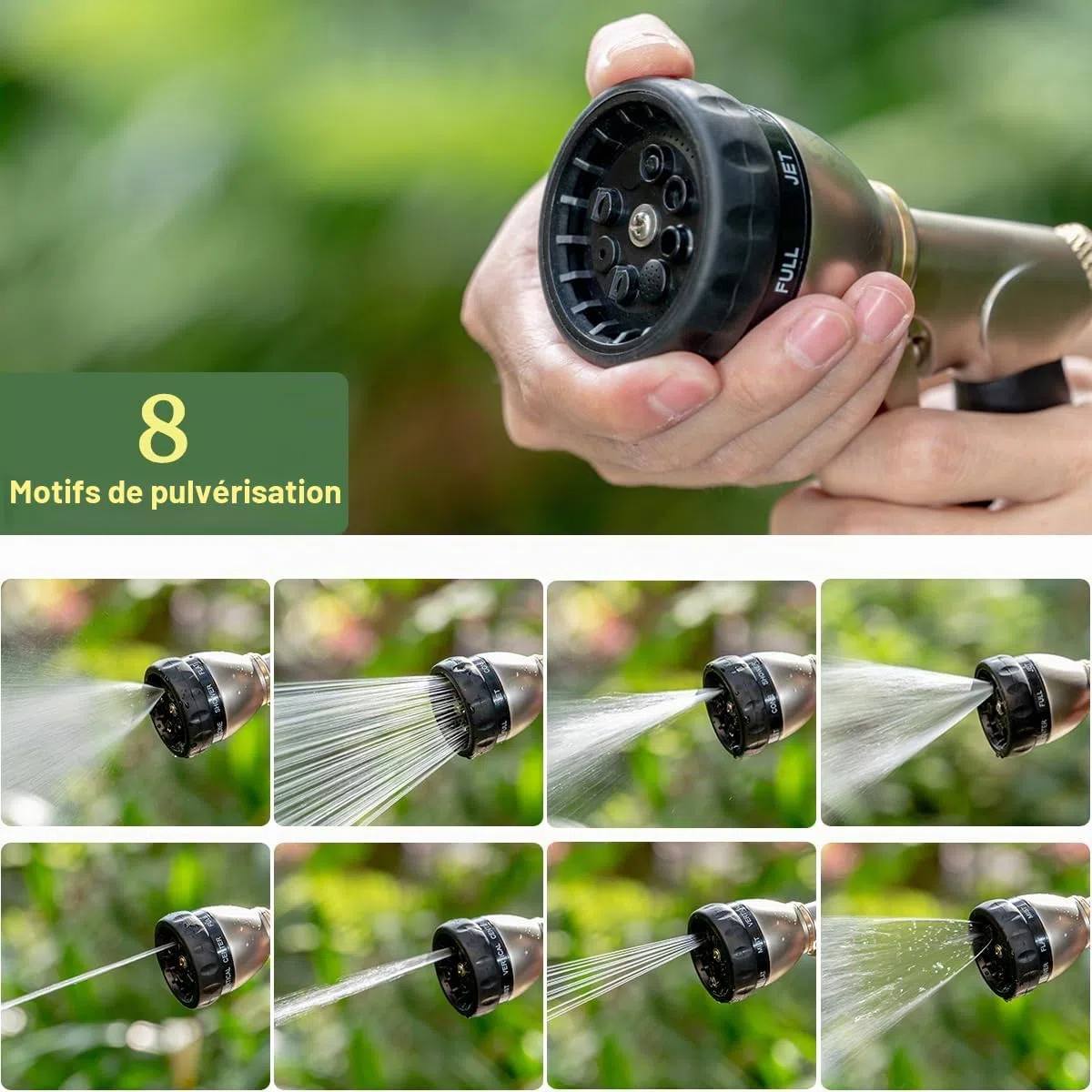 FANHAO pistolet arrosage 100% métallique avec 8 modes de pulvérisation réglables,pistolets d'arrosage haute pression avec poignée antidérapante pour arroser les plantes et les pelouses-Noir