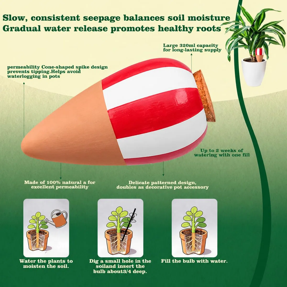 Oyas a Planter Terre Cuite, Distributeur Eau Plante 4Pcs, Pointes Auto-arrosantes en Terre Cuite, Globes Arrosage Automatique Interieur pour Plante, Cônes d'argile (Rouge)