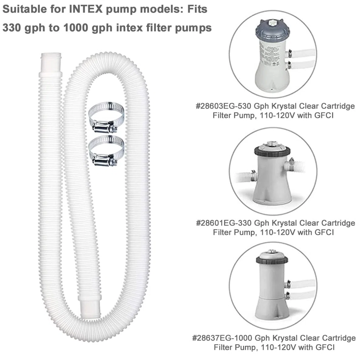 2 pièces Tuyau pour Piscine,Tuyau de Rechange pour Piscine,Pompe à Filtre avec 4 Pinces Métalliques,Tuyaux de Rechange pour Piscines Hors Sol(1.5m)