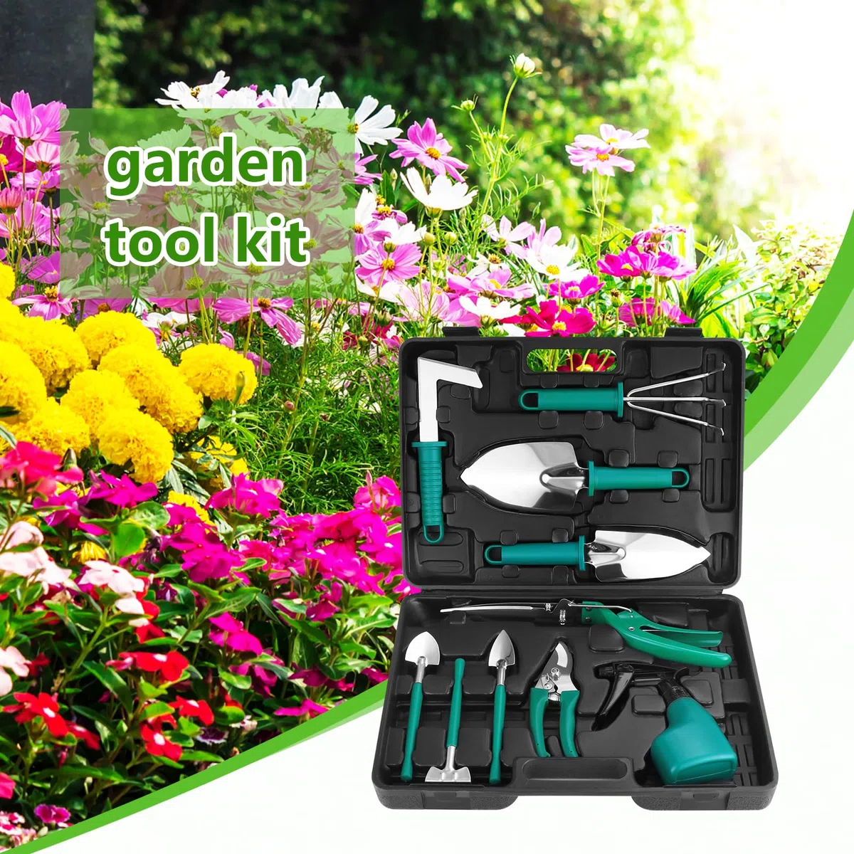 Kit de Jardinage, 10 Pièces en Acier Inoxydable Outils de Jardinage avec Boîte de Rangement，Truelle, Râteau, et Pulvérisateur(Vert)