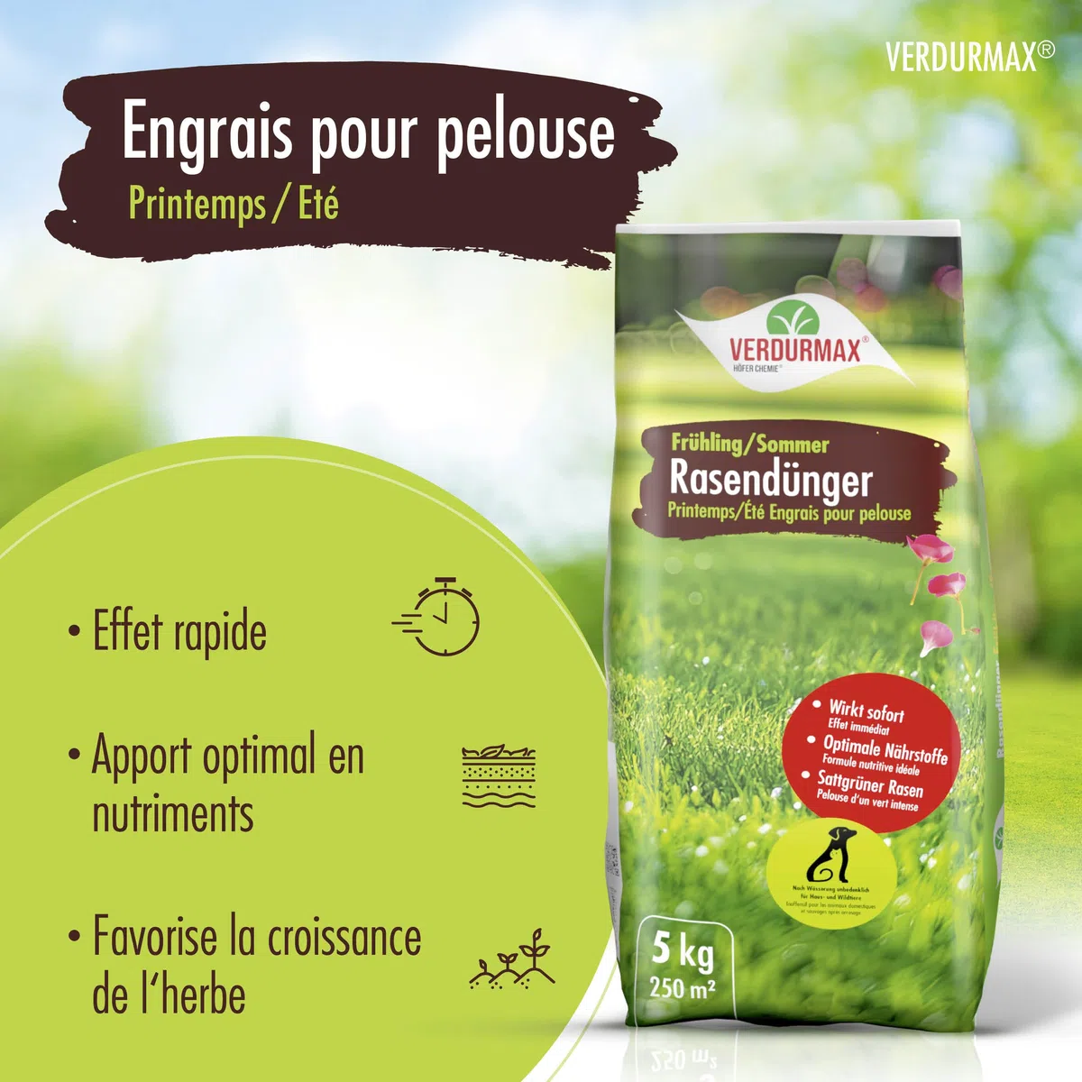 Verdurmax 5 kg d'engrais pour gazon Printemps & Été – Engrais à libération prolongée avec azote pour 250 m² de gazon vert luxuriant – Sans danger pour les chiens – Compatible avec épandeur