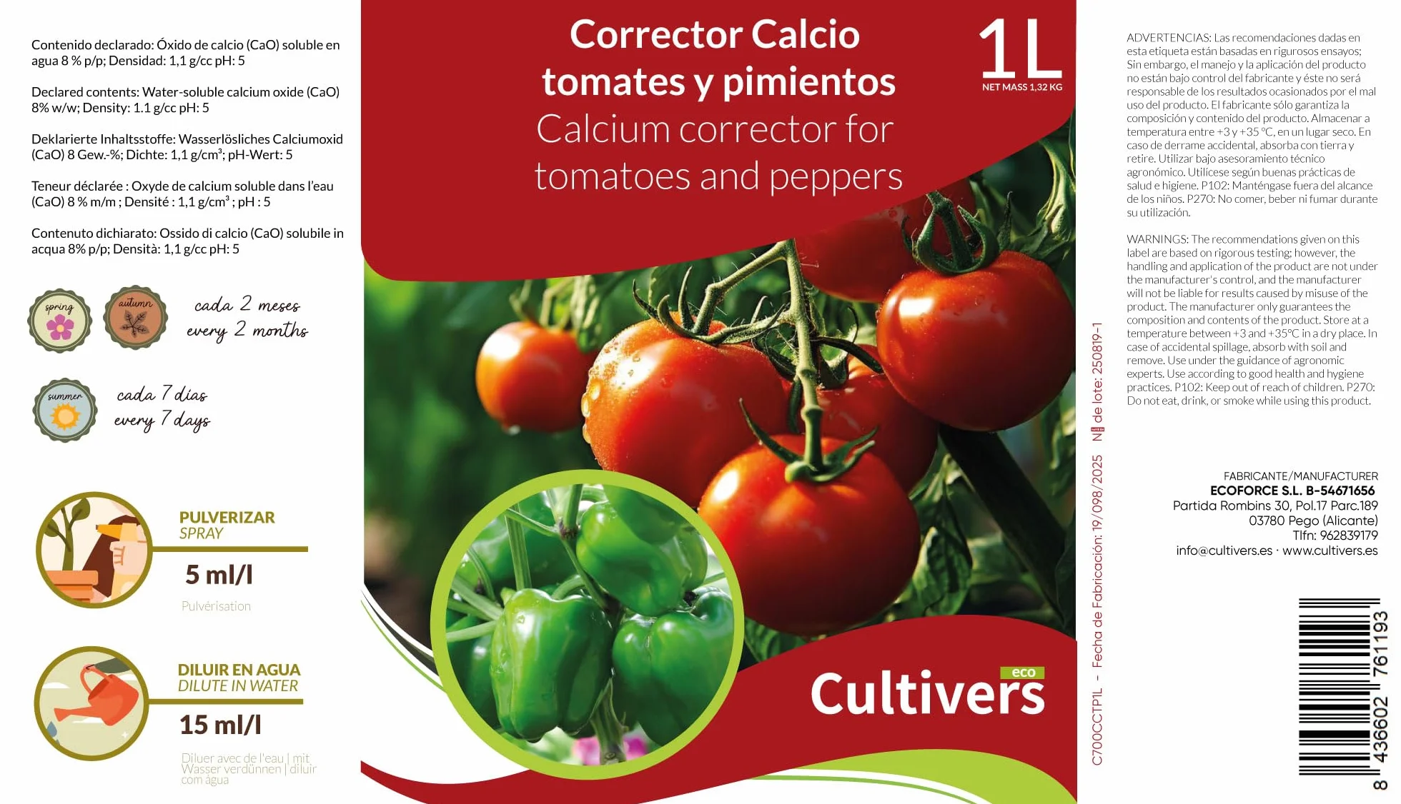 CULTIVERS Calcium liquide pour tomate et poivron 1 L | Engrais liquide au calcium pour cultures potagères, horticulture et jardinage, usage régulier au potager, jardin et plantes