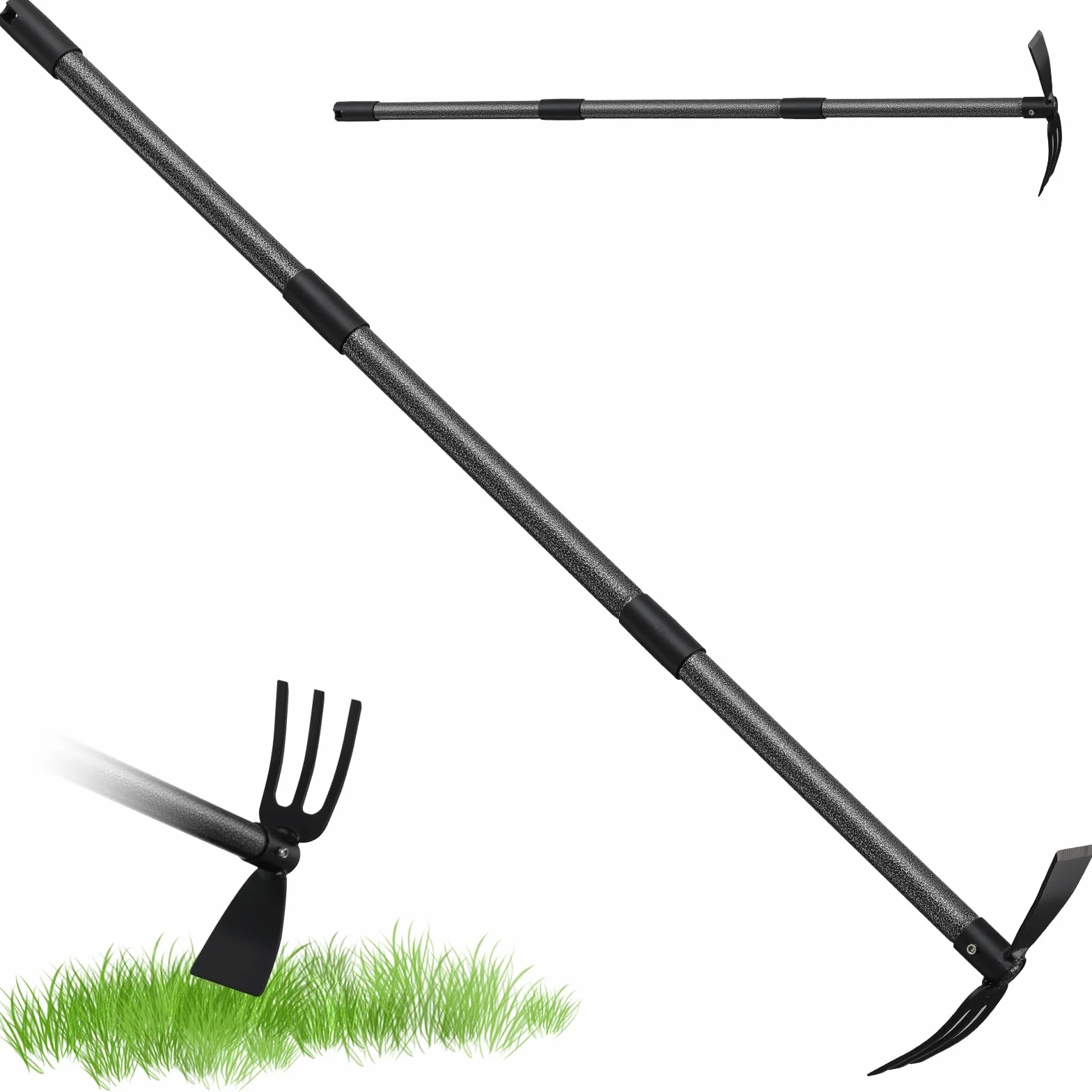 Binette de jardin avec manche - 116 cm - Double binette à 3 dents - En métal - Multifonction - Accessoire de jardin pour ameublir, aérer et désherber le sol