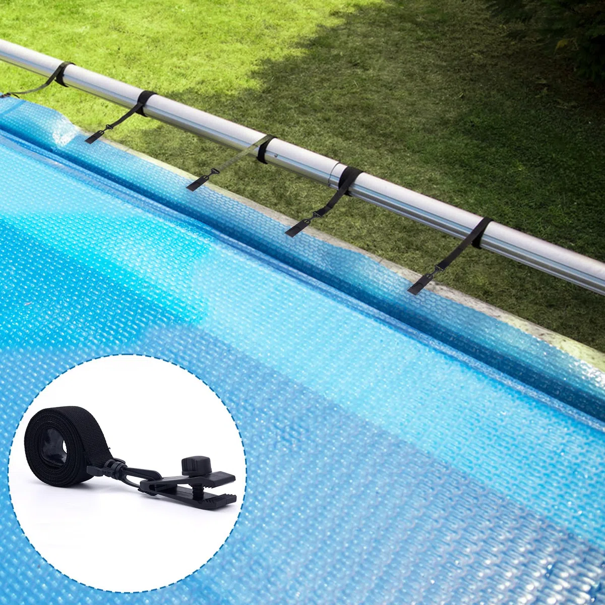 BOXOB 18pcs Kit d'attache Enrouleur Couverture Solaire Piscine, Comprend 6 Bandes Couverture Solaire avec Crochets 6 Pinces Piscine & 6 Fermetures Auto-Agriffantes