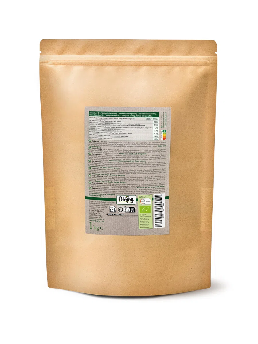Biojoy Graines de chanvre décortiquées BIO (1 kg), crues et sans additifs