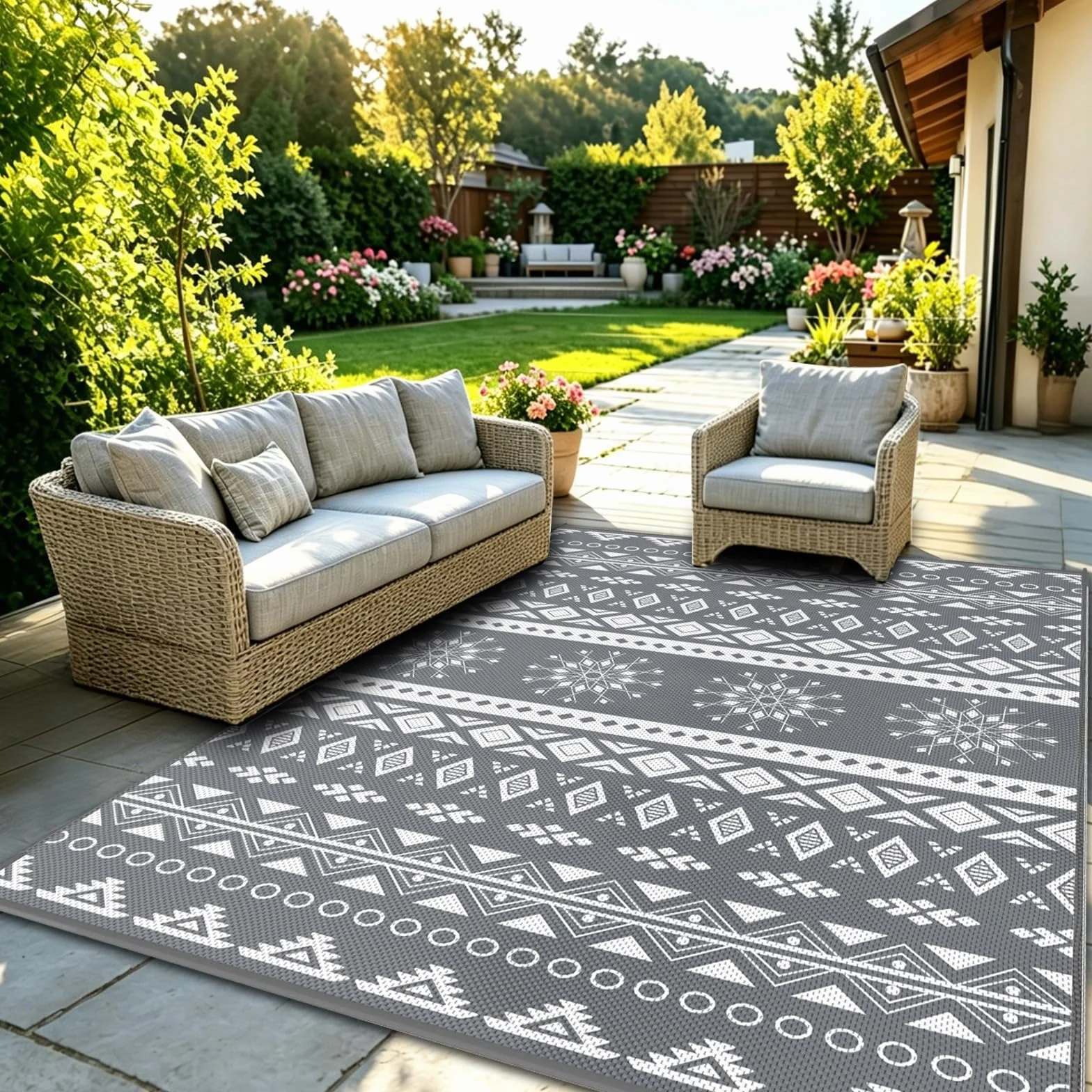 MOKANI Grand tapis d'extérieur et d'extérieur imperméable, réversible, en plastique, léger, pliable, résistant aux UV, pour camping-car, balcon, plage, terrasse - 150 x 240 cm