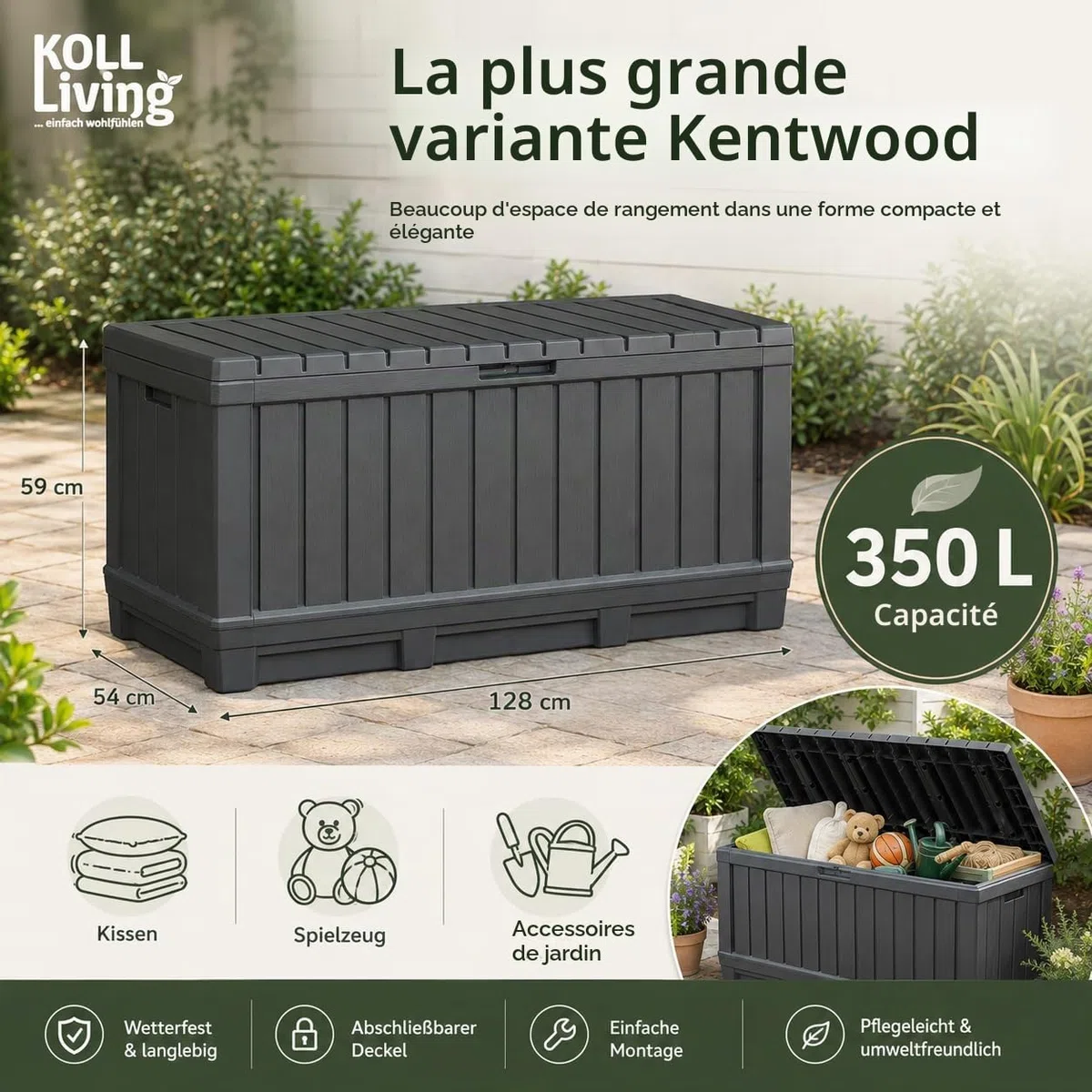 Koll Living Boîte de rangement de 350 l Anthracite – Boîte de rangement compacte avec beaucoup d'espace pour coussins, outils de jardin ou jouets pour enfants – Maintient le contenu au sec