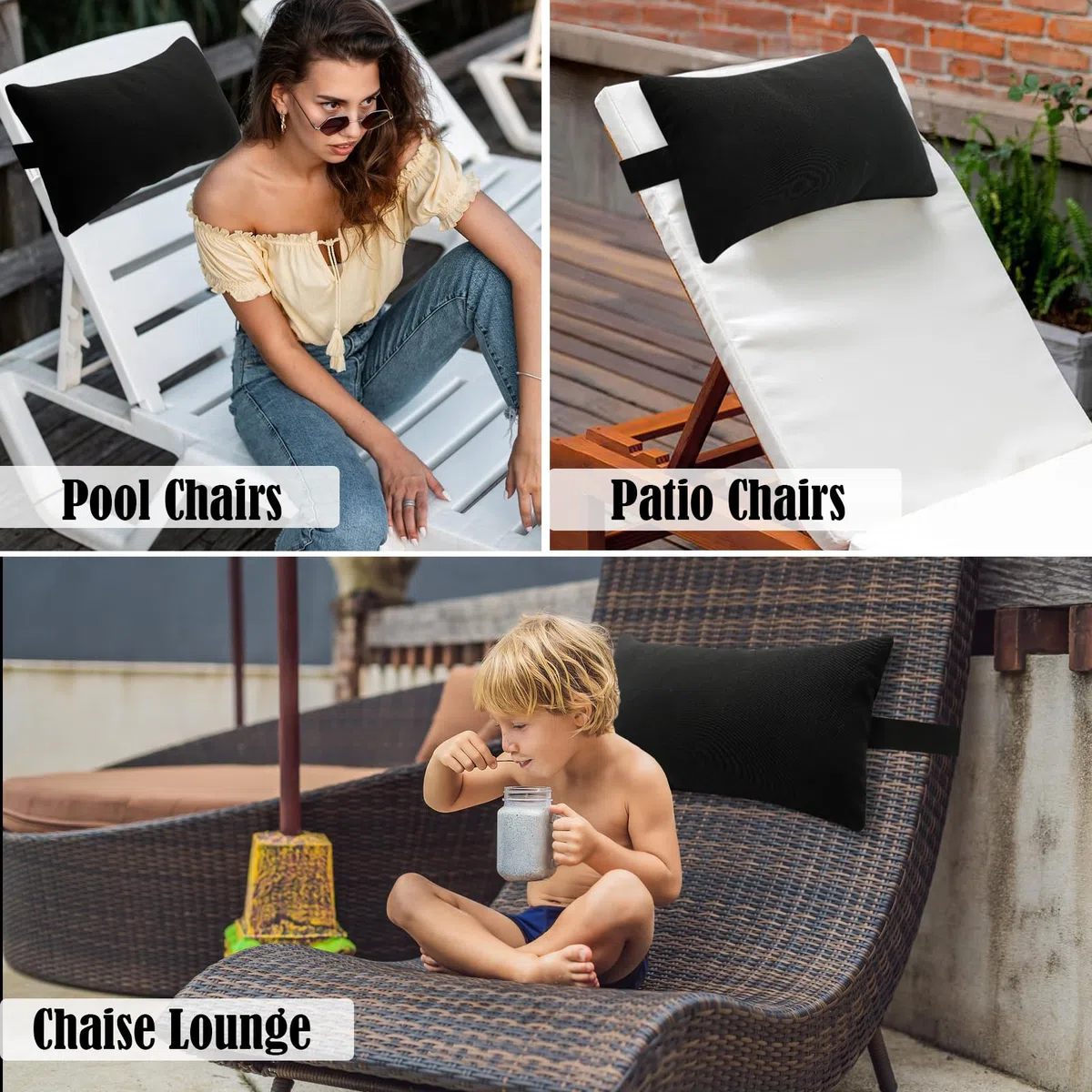 Oreiller de Chaise Longue, Appuie-Tête de Chaise Longue Bain de Soleil Coussin Oreiller de Transat pour Chaises Pliantes, Noir
