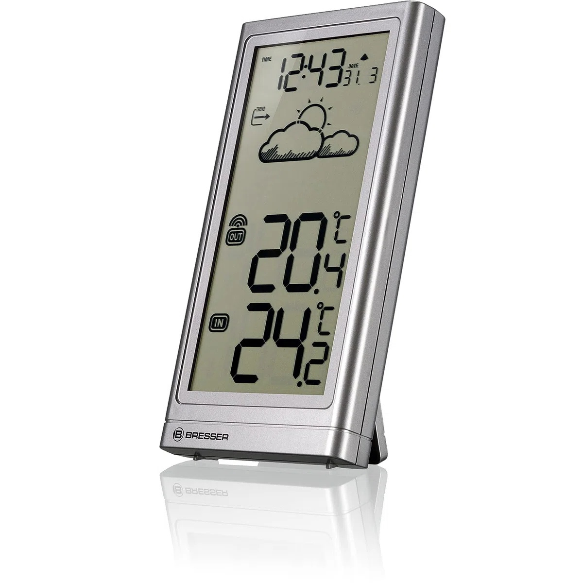 Bresser Station météo sans fil avec capteur extérieur Meteo Temp, thermomètre avec affichage de la température pour l'intérieur et l'extérieur, prévisions météorologiques, avec pied pliable et support