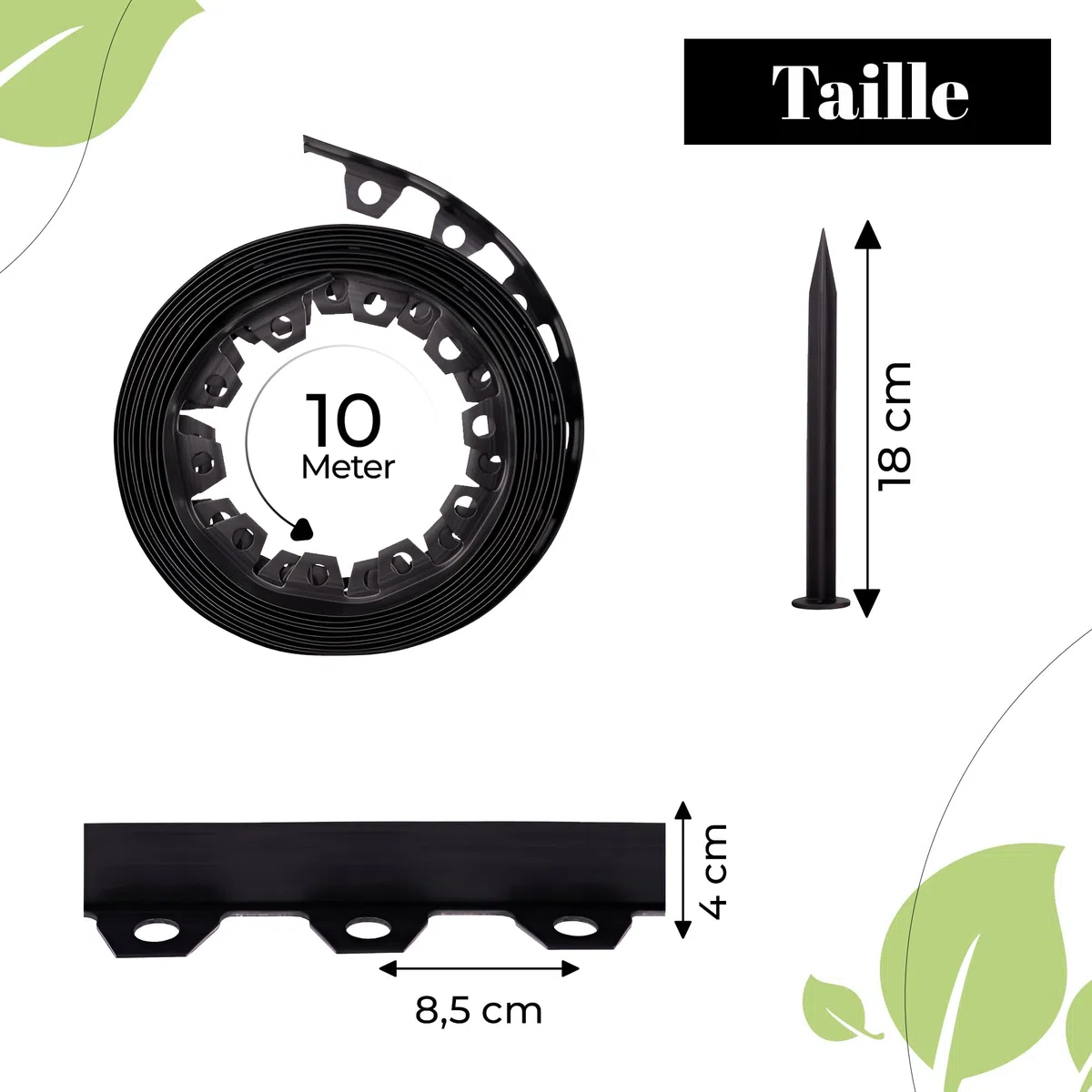 GARDENIX Bordure de pelouse en Plastique LineBORDER Flexible, 20 ancrages au Sol, Longueur 10m, Hauteur 4cm, Noir