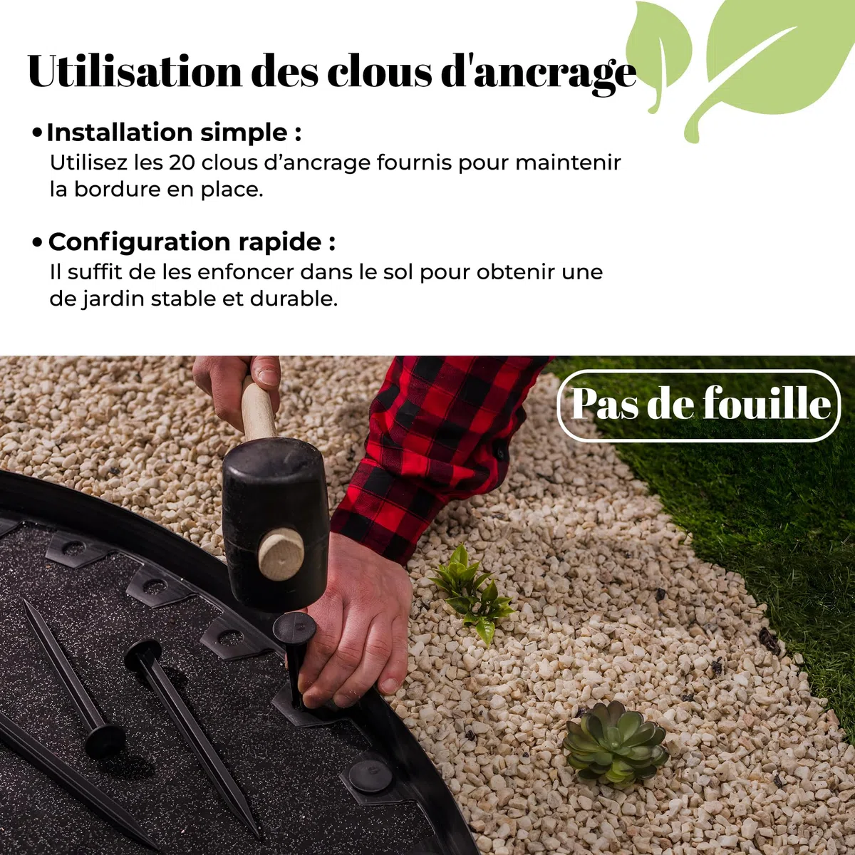 GARDENIX Bordure de pelouse en Plastique LineBORDER Flexible, 20 ancrages au Sol, Longueur 10m, Hauteur 4cm, Noir