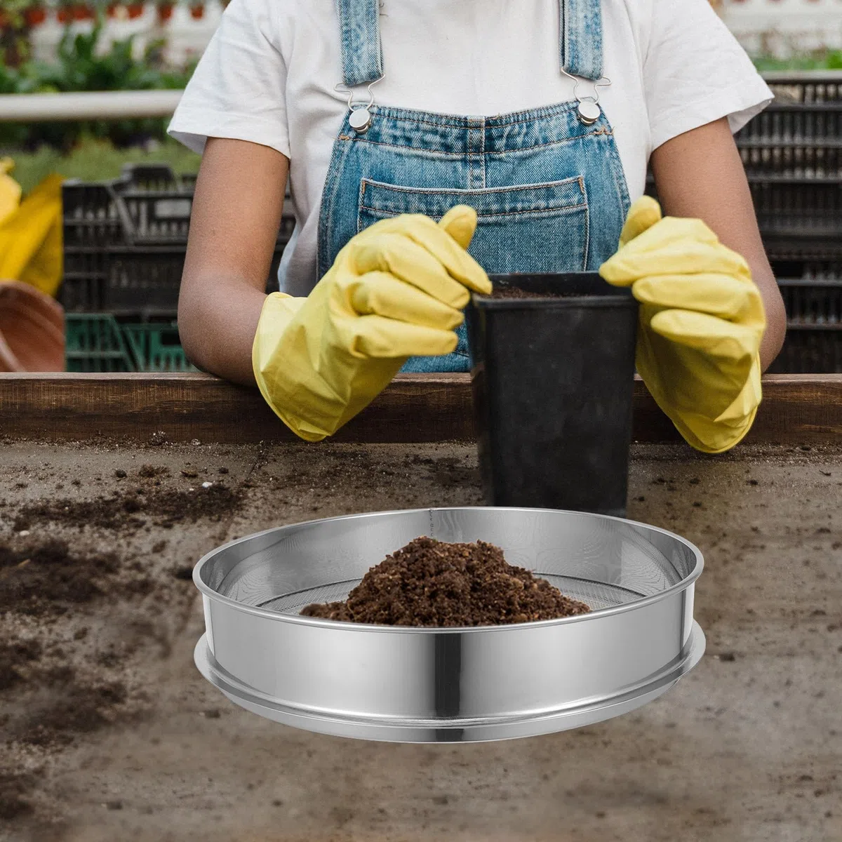Tamis de Jardin en Acier Inoxydable 30cm, Filtre à Terreau Rond Maille 4mm 6 Trous, Passerelle Gravier Compost Sable Outil Tamisage pour Terre Cailloux Semis Plante