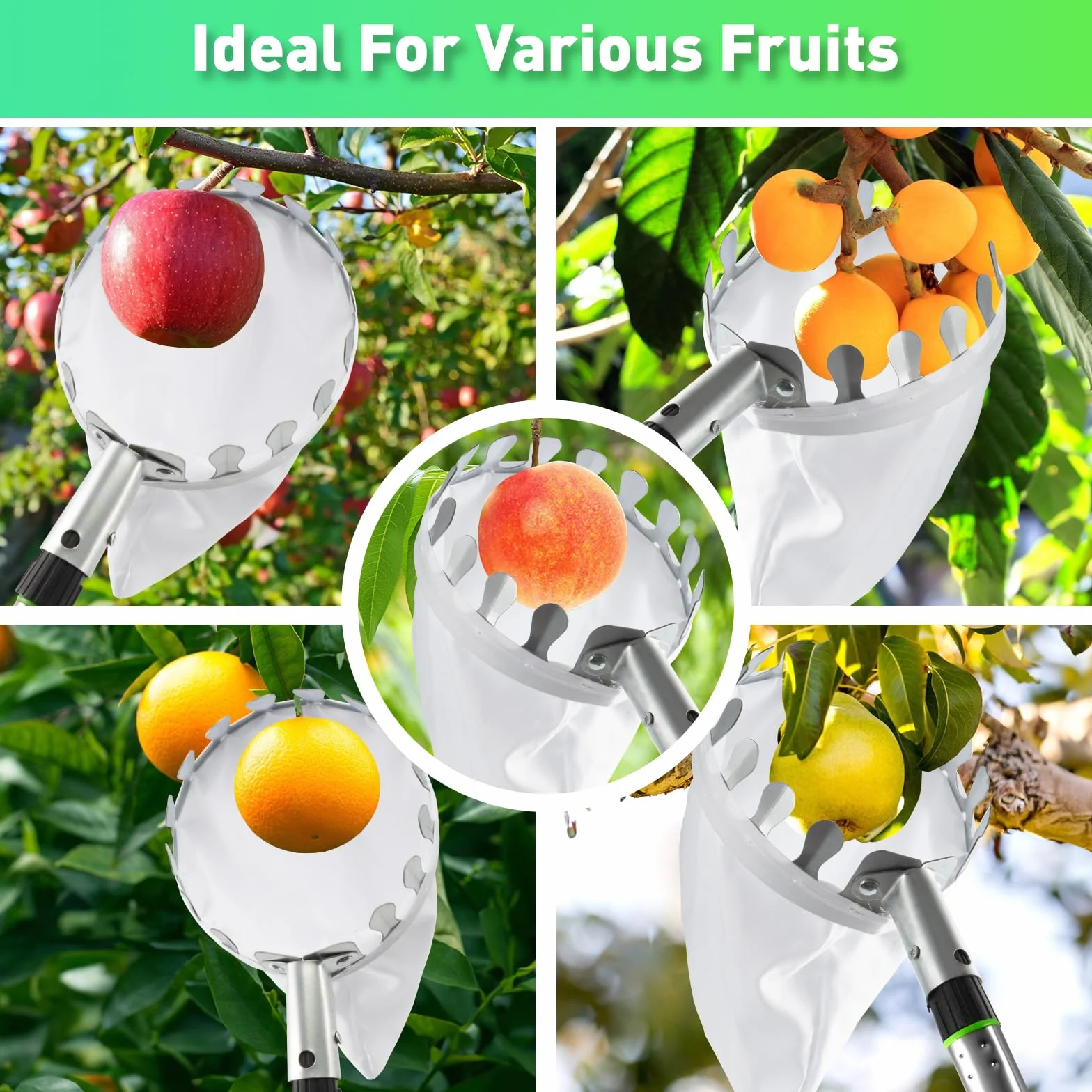 KOMABLEN 4M Cueille Fruit Telescopique, Ramasse Pomme INOX et Sac de Rangement, Poteau Réglable Cueille Fruit pour Pommes Poires Oranges Pêches Cerises