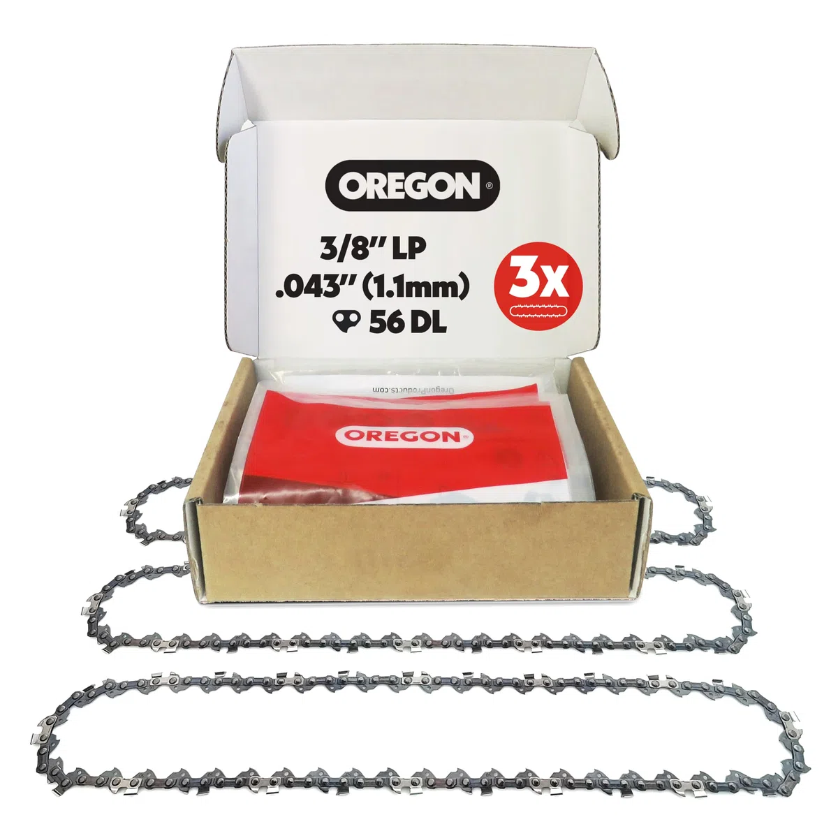 Lot de 3 Chaîne de Tronçonneuse Oregon 3/8" LP pour Guide de 40cm (16"), Jauge .043" (1,1mm), 56 Maillons - Chaîne de Rechange à Faible Rebond, Compatible Makita, Dewalt, Husqvarna, Sterwins et plus