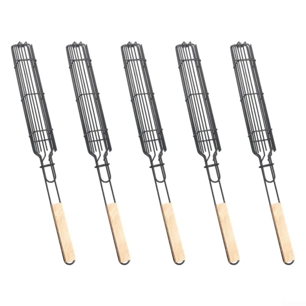 Lot de 5 paniers de barbecue avec poignées en bois, cages en maille robuste pour saucisses, viande et légumes