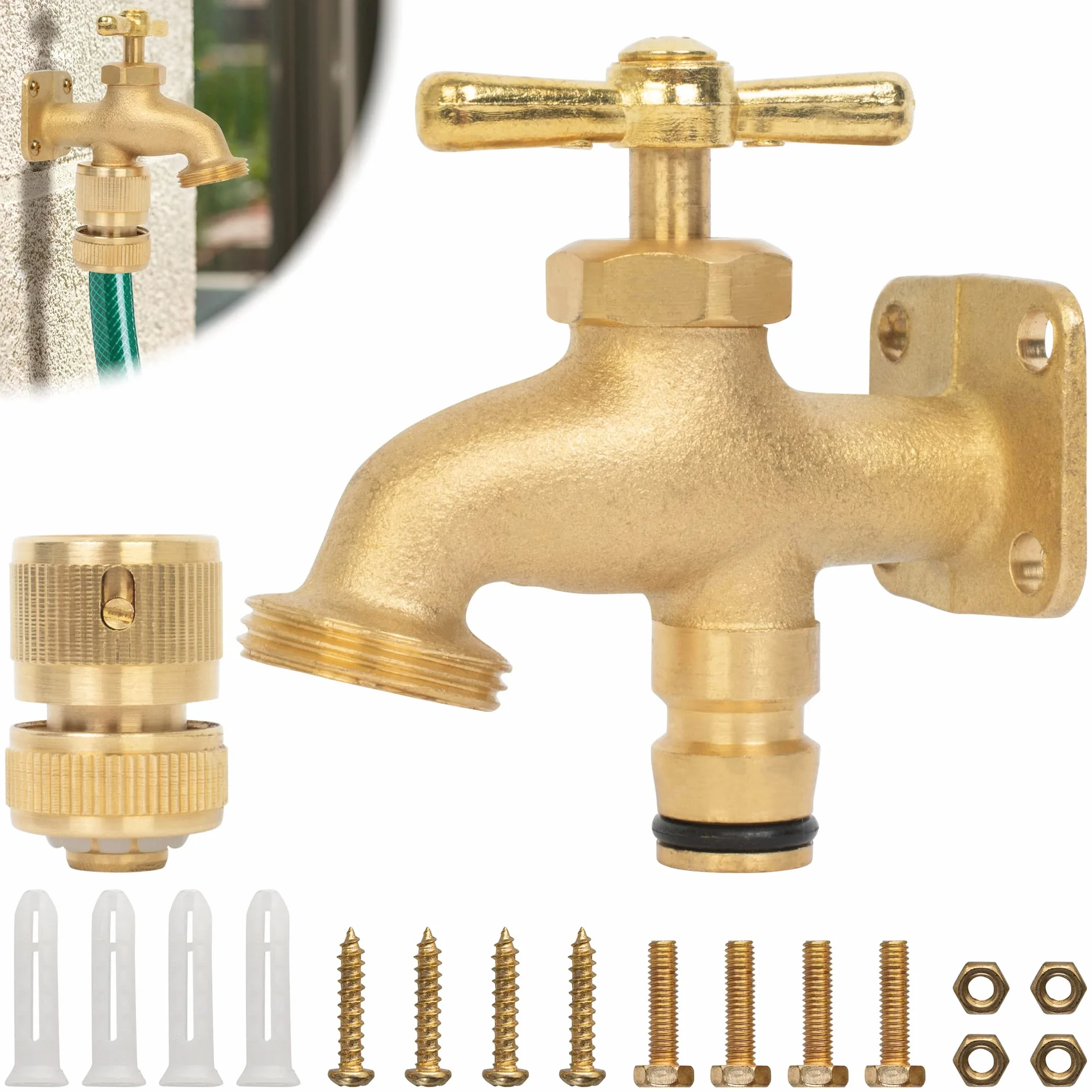 BLOSTM Robinet de tuyau en laiton massif – Kit de robinet extérieur avec robinet à bavette, connecteur rapide de 1,2 cm, vis et chevilles – Robinet n'importe où pour un accès pratique à l'eau