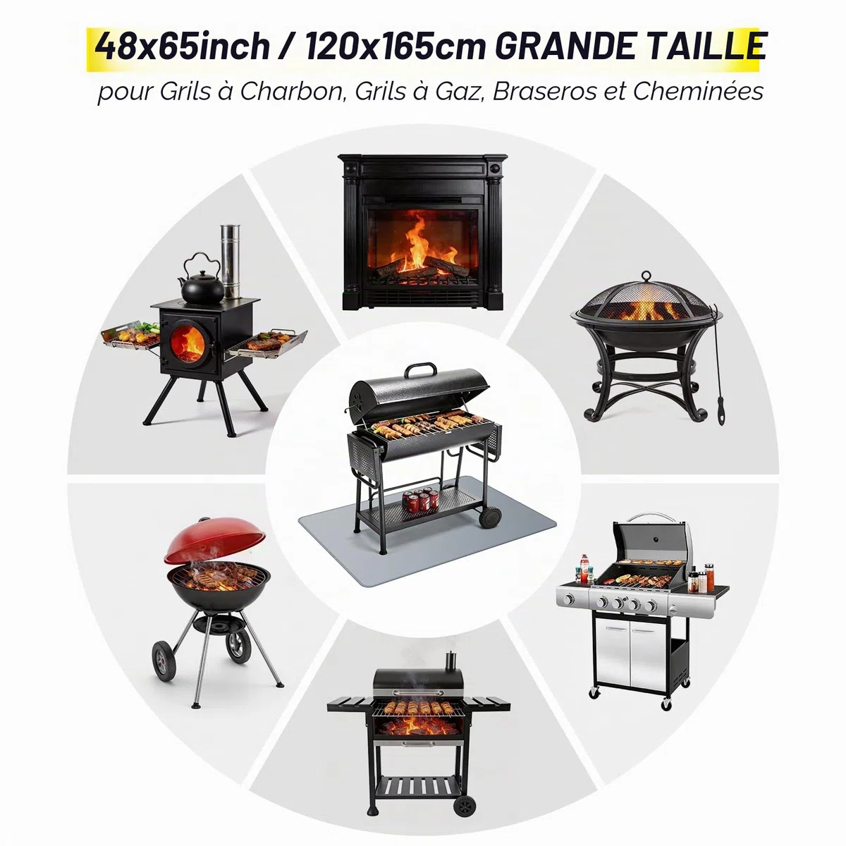 PAWBOSE Tapis de 65x48 Pouces sous le Grill pour Barbecue Extérieur, Tapis BBQ Double Face Ignifuge pour Patio et Terrasse, Tapis pour Foyer Extérieur Résistant au Feu et à l'Huile & Protège-Foyer