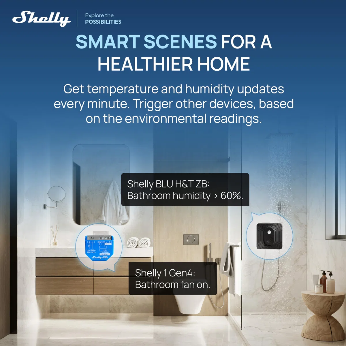 Shelly BLU H&T ZB Noir – Capteur de température et d’humidité Zigbee et Bluetooth, Thermomètre, Hygromètre connecté, Protection IP54, Pile 2 ans, Actualisation 1 min, Alertes Shelly app
