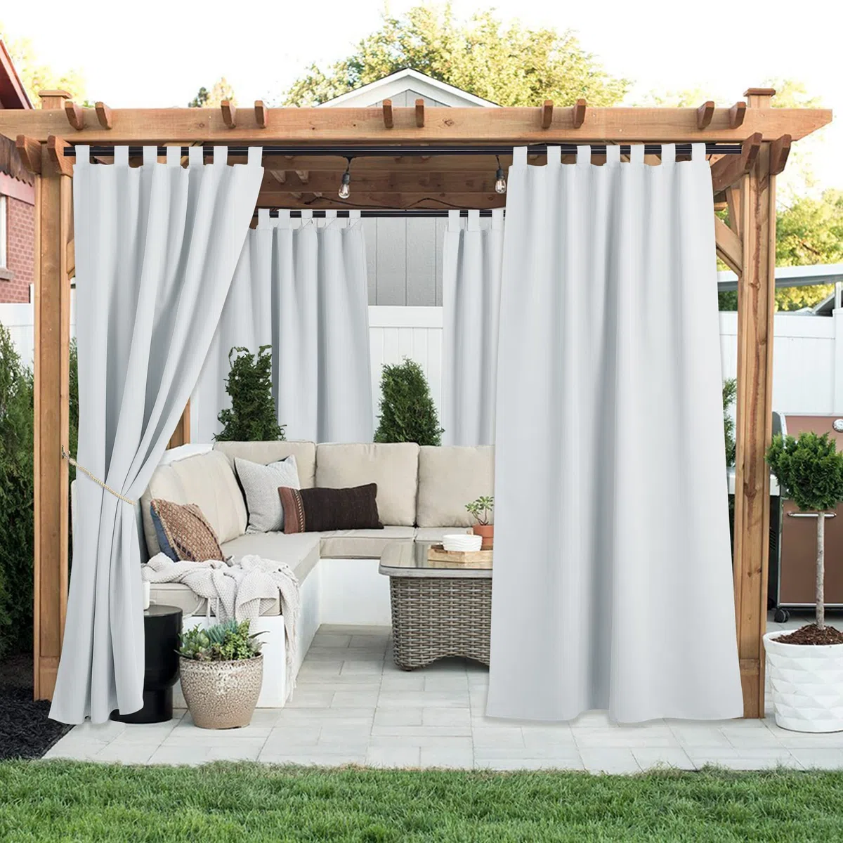 Pony Dance Rideaux d'Extérieur - Rideau Occultant Impermeable à Pattes pour Intérieur Extérieur Thermique Anti Froid Chaleur pour Pergola/Jardin, L 132 x H 213 cm, Gris Blanc, 2 PCS