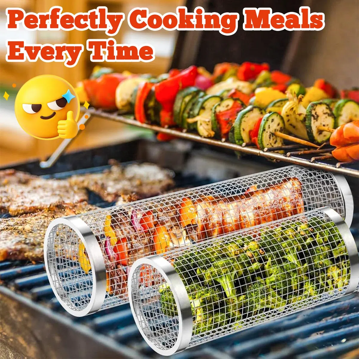 Panier à Griller Roulant 2 Pièces, Acier Inoxydable 304 avec Support & Brosse, pour Légumes, Frites, Poisson, Accessoires Grill pour Extérieur Camping Jardin, Cadeau Homme ou Papa