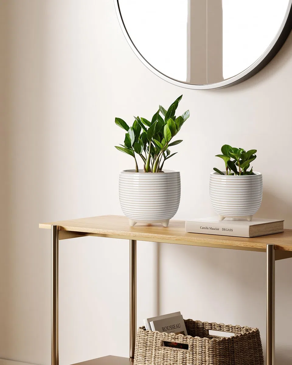 LE TAUCI Pot de Fleurs en Céramique, Pots sur Pieds 13+16 cm pour Plantes, Moderne pour la Maison et Le Bureau, Pot d’Intérieur avec Trou de Drainage, Blanc à Émail Réactif